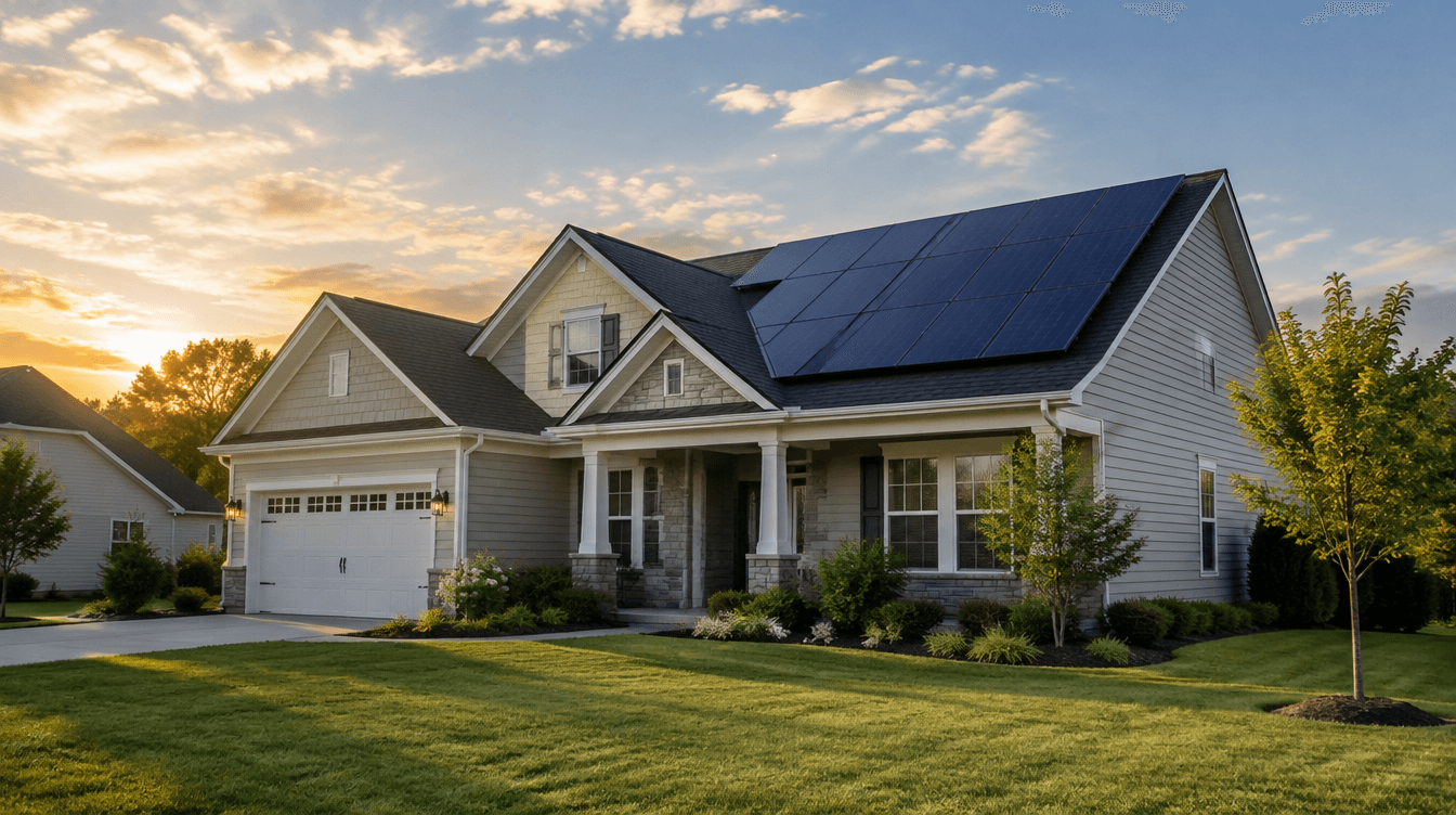 Suburban home with rooftop solar panels at golden hour