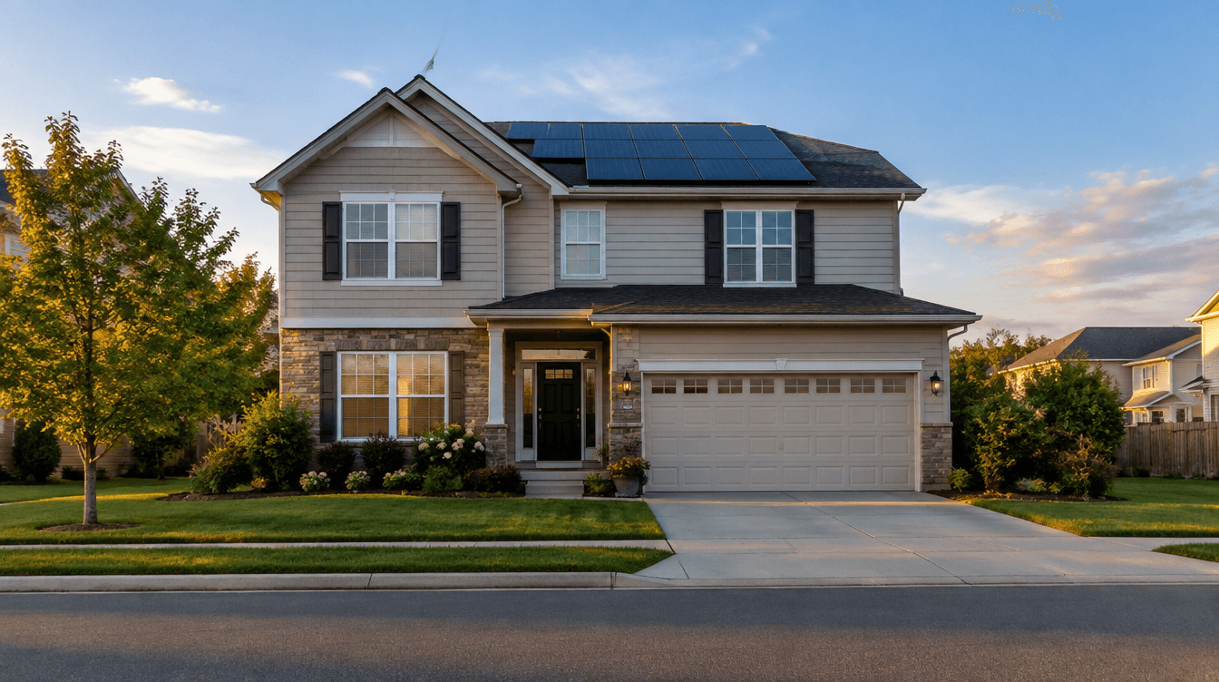 Two-story suburban home with rooftop solar panels