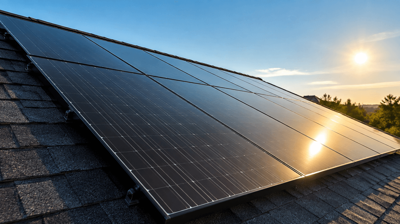Close view of black solar panels on a shingle roof
